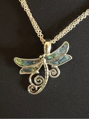 Periwinkle by Barlow Silver Dragonfly Necklace with Green and Blue Inlay